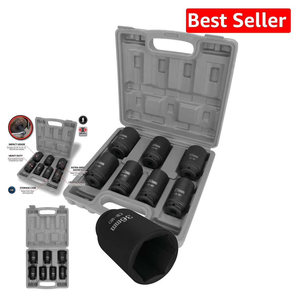 1/2 In Size 6 Pieces Socket Wrenches ABN 35mm Axle Nut Socket - 1/2" Drive 6-Point Impact Grade 36mm Impact Socket Axle Nut Socket Set - Foto 3