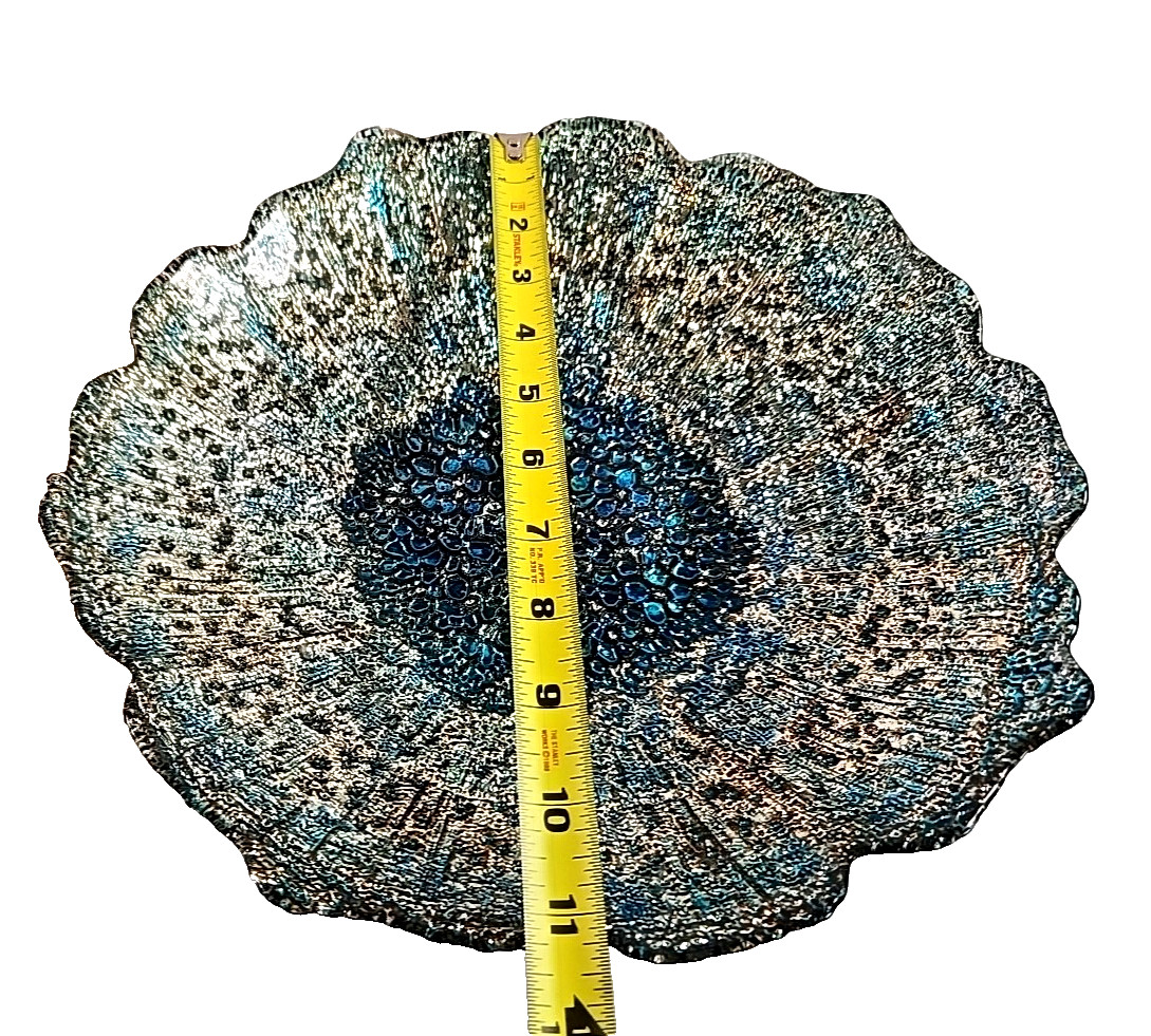 Glass Bowl Centerpiece Scalloped Edge Bubble Peacock Colors 11.5" Home Decor