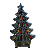 Vintage Metal Stained Glass Christmas Tree Tea Light Candle Holder