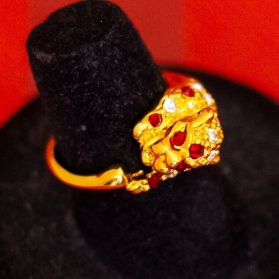 Size 6, Vintage Red & Clear Rhinestones Gold Tone Abstract Ring - O33