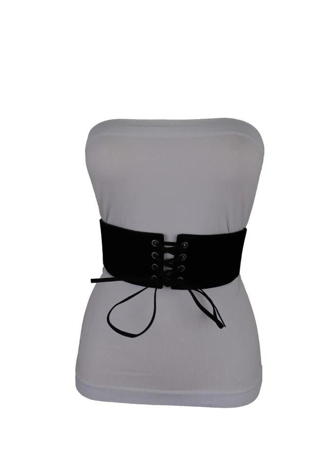 Mujeres Color Negro Imitación Gamuza Cuero Cintura Elástica Ancho Corsé Cinturón Talla S M Foto 2 de 4