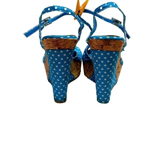 Bamboo Mirage Blue Polka Dot Bow On Vamp Sz 8½ Peep Toe Wedge Heel Sandal As Is - Image 4 of 4