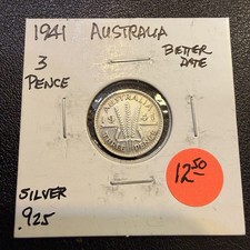 1941 Australia Silver Three Pence (3P), WW2, King George VI T382