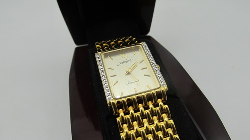 Vintage Xavier Diamant Quarz goldfarben Retro Rechteck Herrenuhr mit Box & Papieren