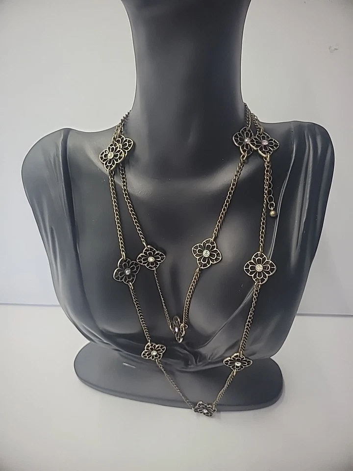 Vintage Premier Designs Necklace Flapper Gold Tone Flower Iridescent Crystal - Image 4 of 4