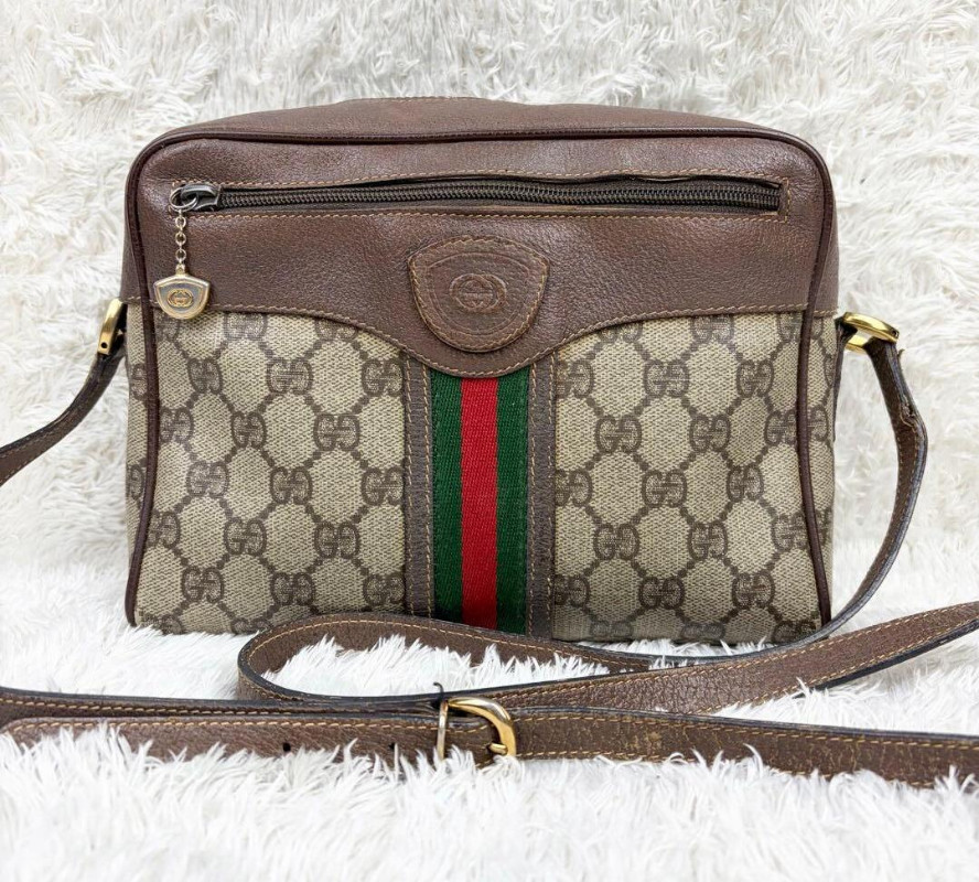 Gucci Old Sherry Line GG Supreme Shoulder Bag Leather Brown Web Stripe Vintage