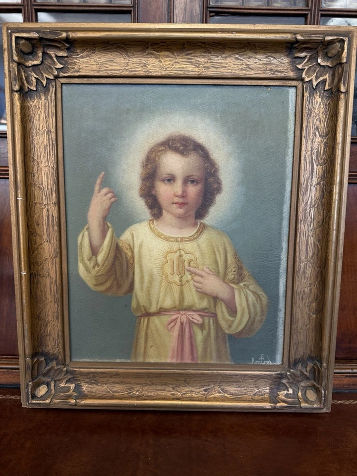 Pintura a óleo religiosa italiana original de 1937 – Menino Jesus – Assinada e emoldurada - Imagem 3 de 4