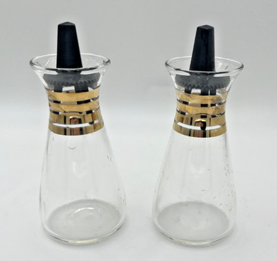 Vintage Pyrex Oil & Vinegar Cruet Set Gold Band Glass MCM Barware w/ Stoppers