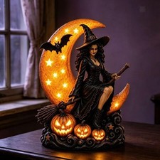 Halloween Witch Statue Night Light Decorations for Bedroom Fireplace Indoor