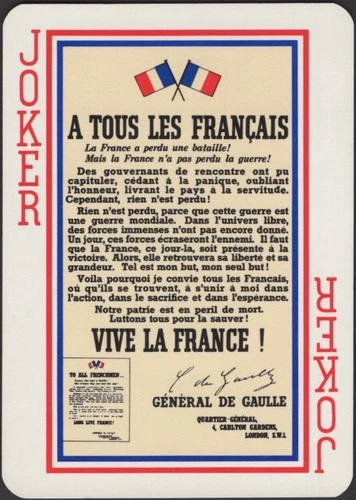 Playing Cards JOKER Single Wide Card Old ** DE GAULLE - WW2 WAR MESSAGE ** 114