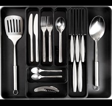 Cutlery Drawer Organizer Adjustable Utensil Tray Storage Divider - Black -Nuovva