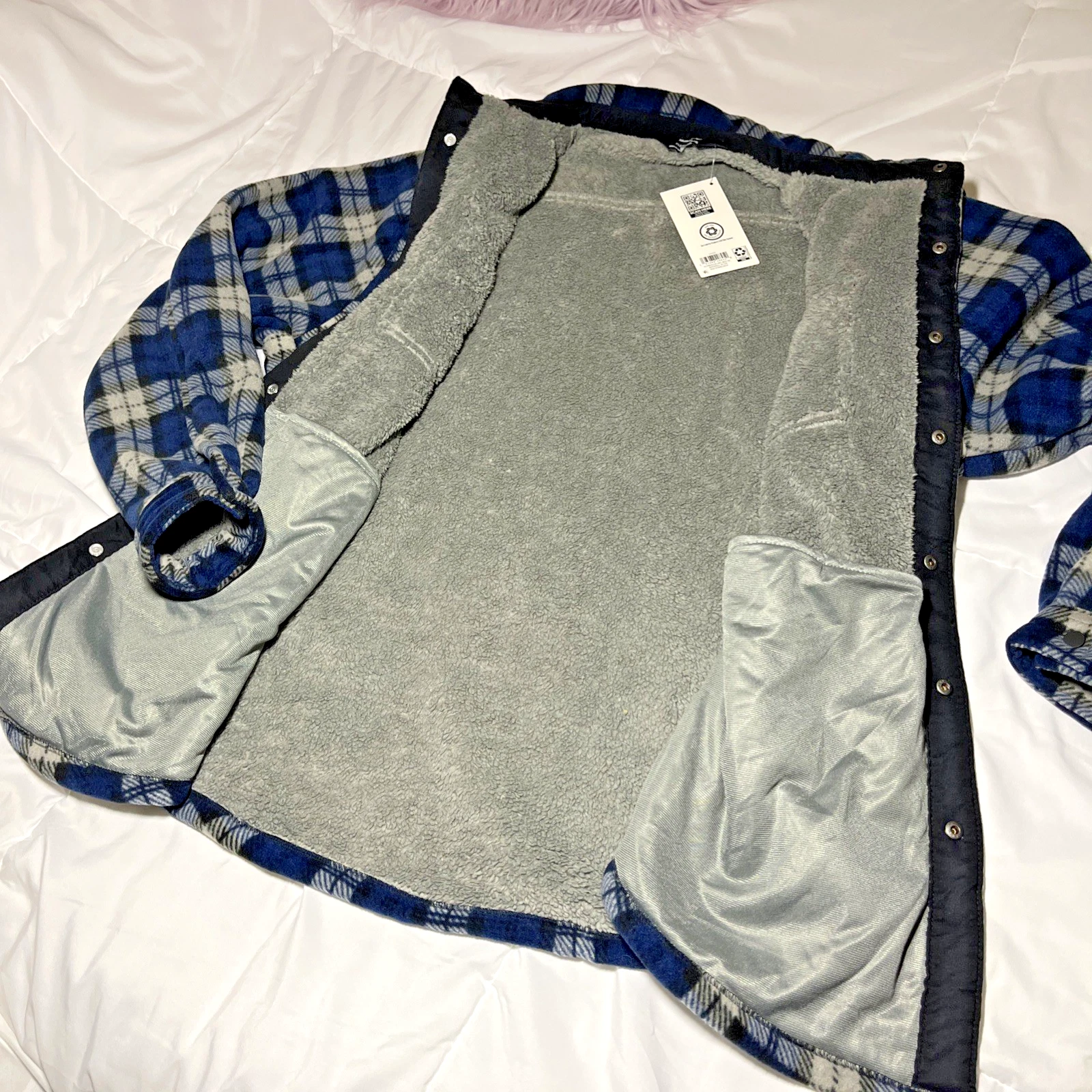 NWT Members Mark Fleece Sherpa Shacket Jacket Plaid Blue Workwear Pockets 2XL - product detail image 9
