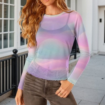 Womens Sheer Mesh Long Sleeve Top Slim Fit See Through Layering Blouse