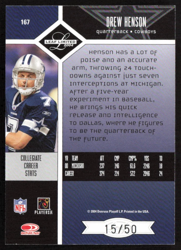 2004 Leaf Limited Silver Spotlight #/50 Drew Henson #167 Rookie Cowboys - Image 2 of 2