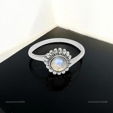 Natural Rainbow Moonstone Sterling Silver Boho Band Flower Ring Jewelry Size 7.5