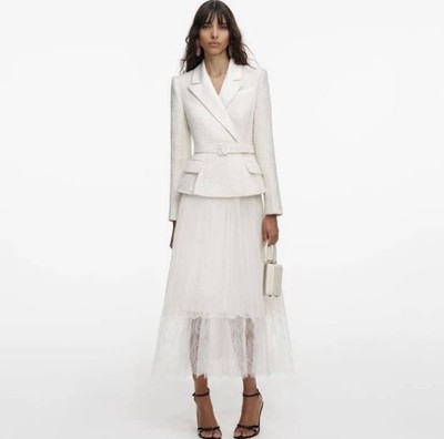 Self-Portrait Cream Boucle Chiffon Lace Midi Dress Belted  US 2