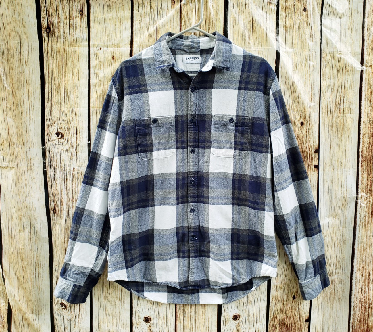 🔥 Express Button Down Gray Blue White Plaid Shir… - image 1