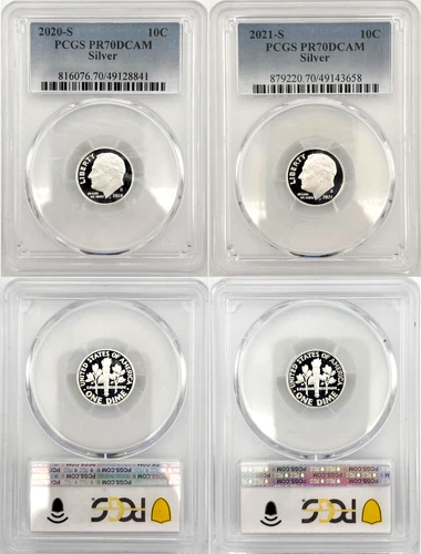 2020 - 2021 S 2 Coin SILVER Roosevelt Dime PCGS Proof 70 DCAM Coin Set