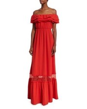 Alice + Olivia Womens Dress Red Cheri Lace Embroidered Off Shoulder Maxi Size 4
