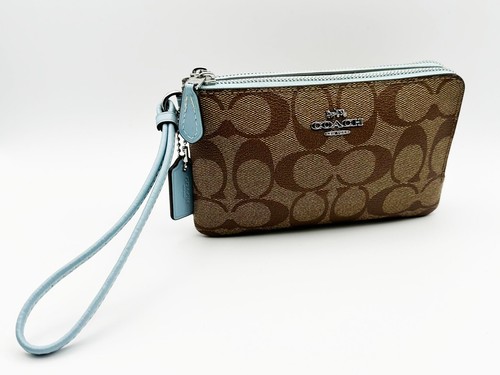 Coach F87591 Double Corner Zip Wristlet Wallet with Tags in Khaki / Powder Blue