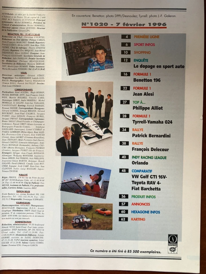 AUTO HEBDO 7/02/1996; Benetton 196/ Renault/ Tyrrell 024/ Dopage et Sport Auto - Photo 2/2