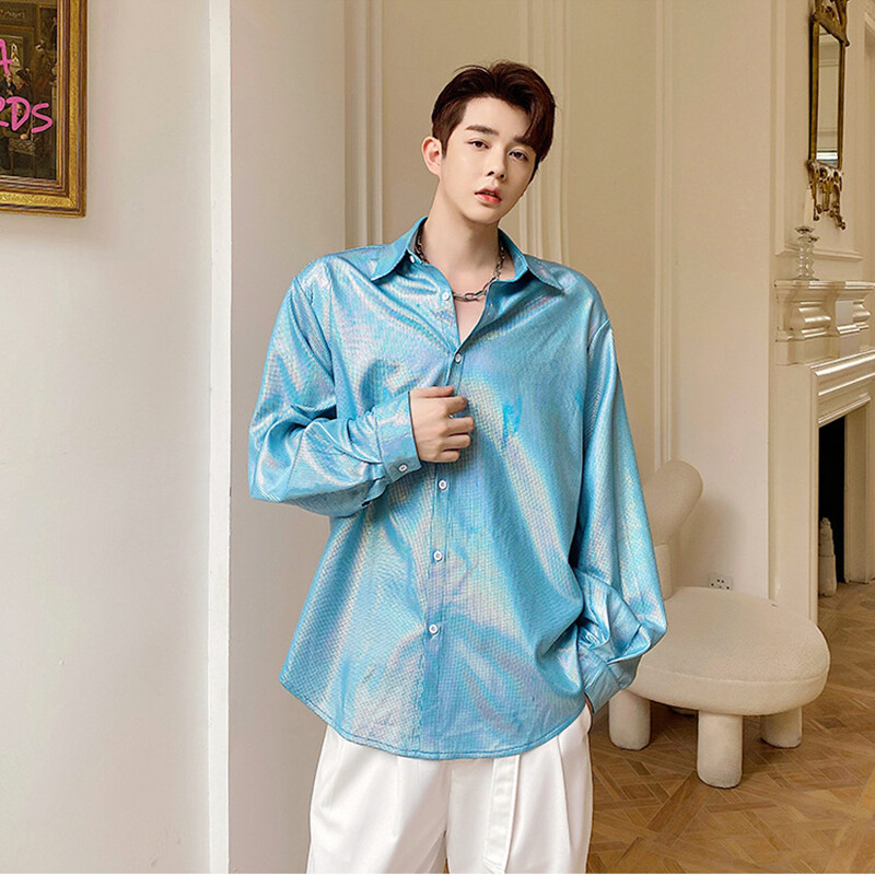 Men Laser Shirt Lapel Solid Long Sleeve Reflective Blouse Leisure Top Loose Thin