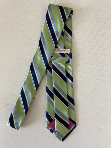 Isaac Mizrahi New York Men's Necktie Tie Silk Green Blue White Gray Stripe - Picture 3 of 6