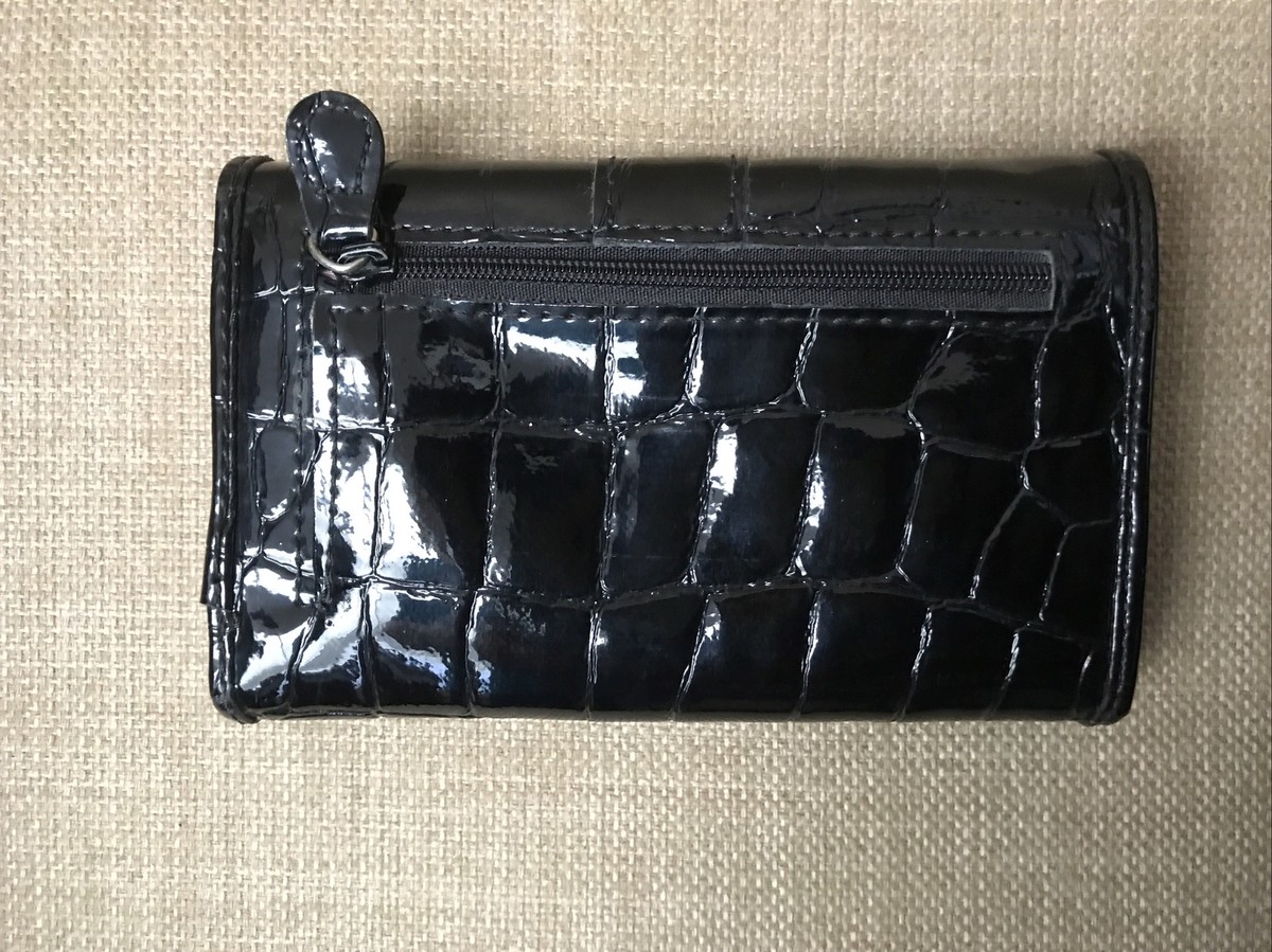 Liz Claiborne Black Patent Faux Leather Trifold Wallet Chrome