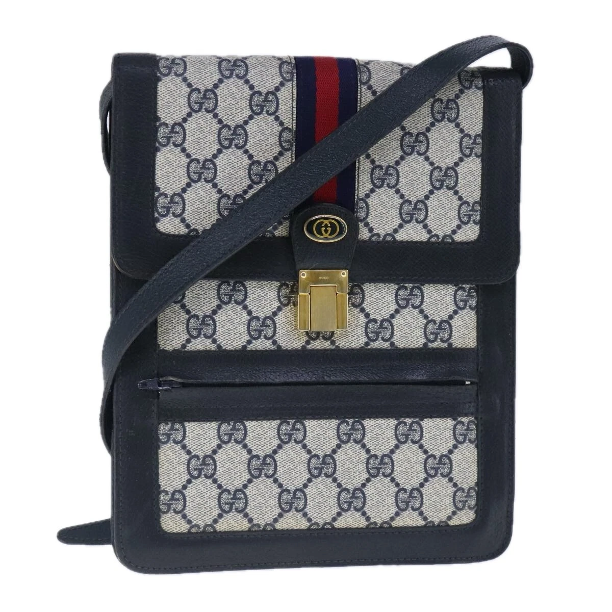 Sac à bandoulière GUCCI GG Supreme Sherry Line PVC cuir marine or authentique yk15963