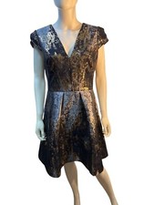 Vince Camuto Metallic Jacquard Dress Sz 10 Gold & Black Pleated Dress Party EUC