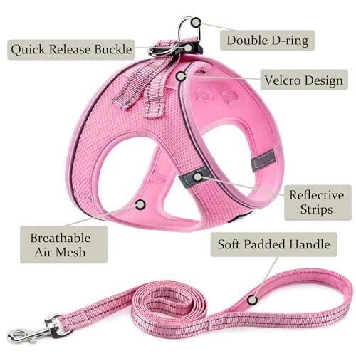 Dog Harness with Leash Set, No Pull Adjustable M(Chest:16"-18") Pink