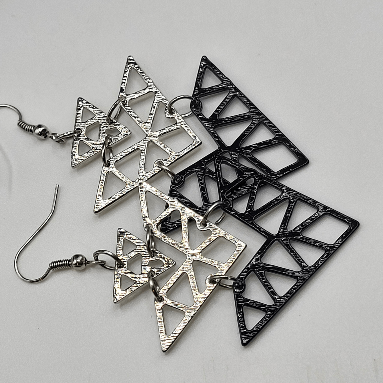 Geometric Triangular Dangle Drop Earrings 3in sil… - image 2
