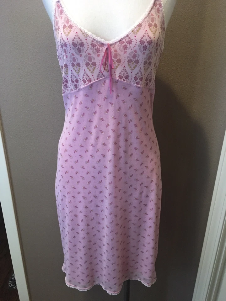 M Pink Scoop Neck Floral Print Babydoll Nighty Chemise W Spaghetti Straps - Image 4 of 4
