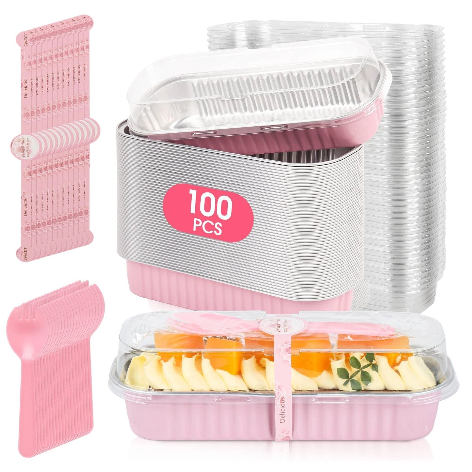 100 Pack Mini Cake Pans with Lids and Spoons, Disposable Aluminum Foil Cake T...