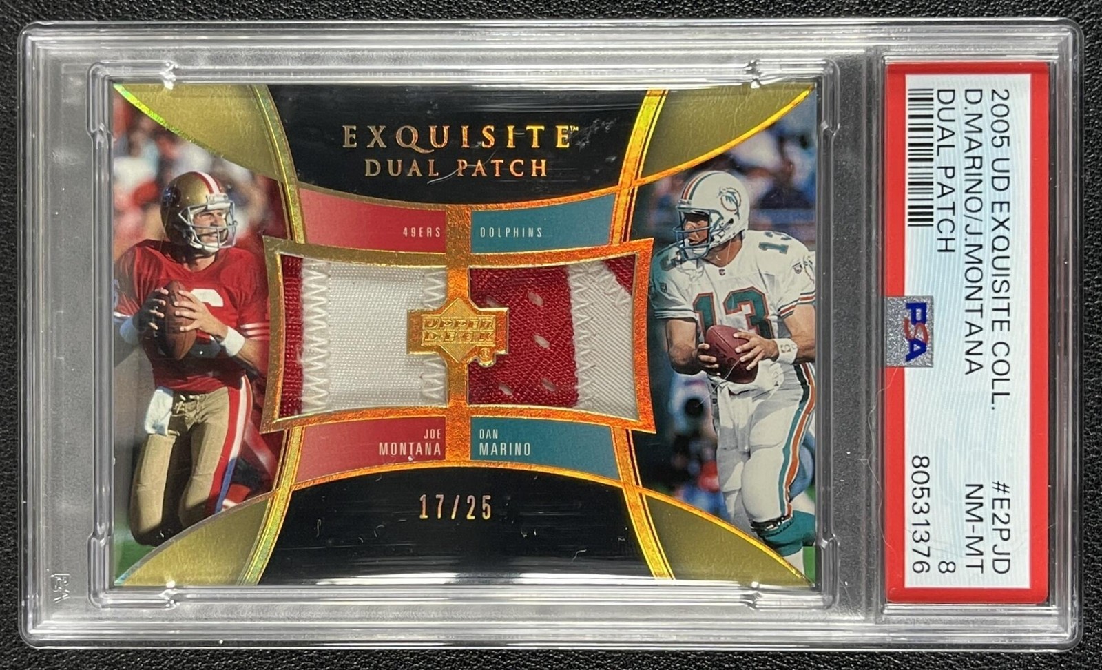 JOE MONTANA DAN MARINO PSA 8 2005 UPPER DECK EXQUISITE COLL DUAL GU PATCH 17/25