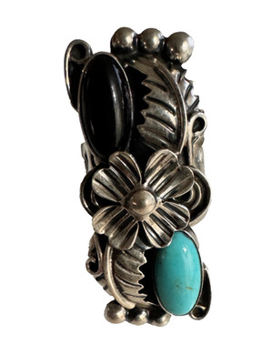Cii Mexico Sterling Silver Onyx Navajo Turquoise Dots Leaves Finger Ring sz 9.5