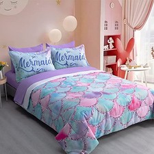 Kid Mermaid Scale Comforter Bedding Set Twin Size, Colorful Rainbow 3D Fish