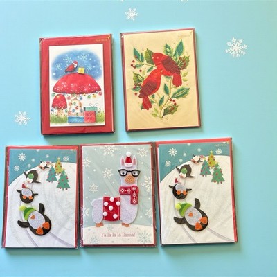 NOS Papyrus Lot  5 Christmas Greeting Cards Cardinal Llama Penguins Mushrooms