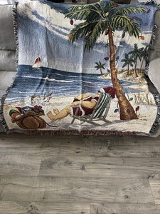 Tapestry Blanket Santa on the Beach Bum Tropical Christmas 50x62 Cotton