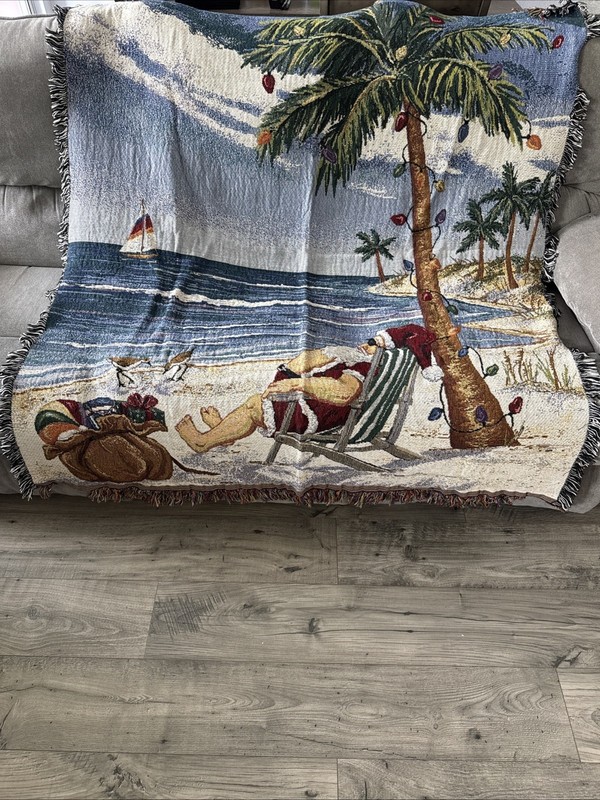 Tapestry Blanket Santa on the Beach Bum Tropical Christmas 50x62 Cotton