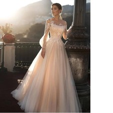 Elegant Applique Princess Wedding Dresses Bubble Long Sleeve A-line Bride Gowns