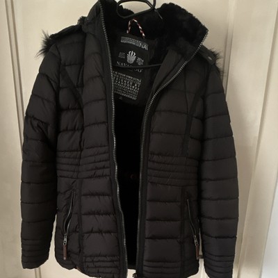 Navahoo Damen Steppjacke XS Schwarz Kapuze Fellbesatz Taschen Logo kurz