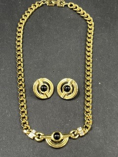 Givenchy Paris NY 1980 Signed Gold Tone Black Cabochon Necklace & Earrings Set