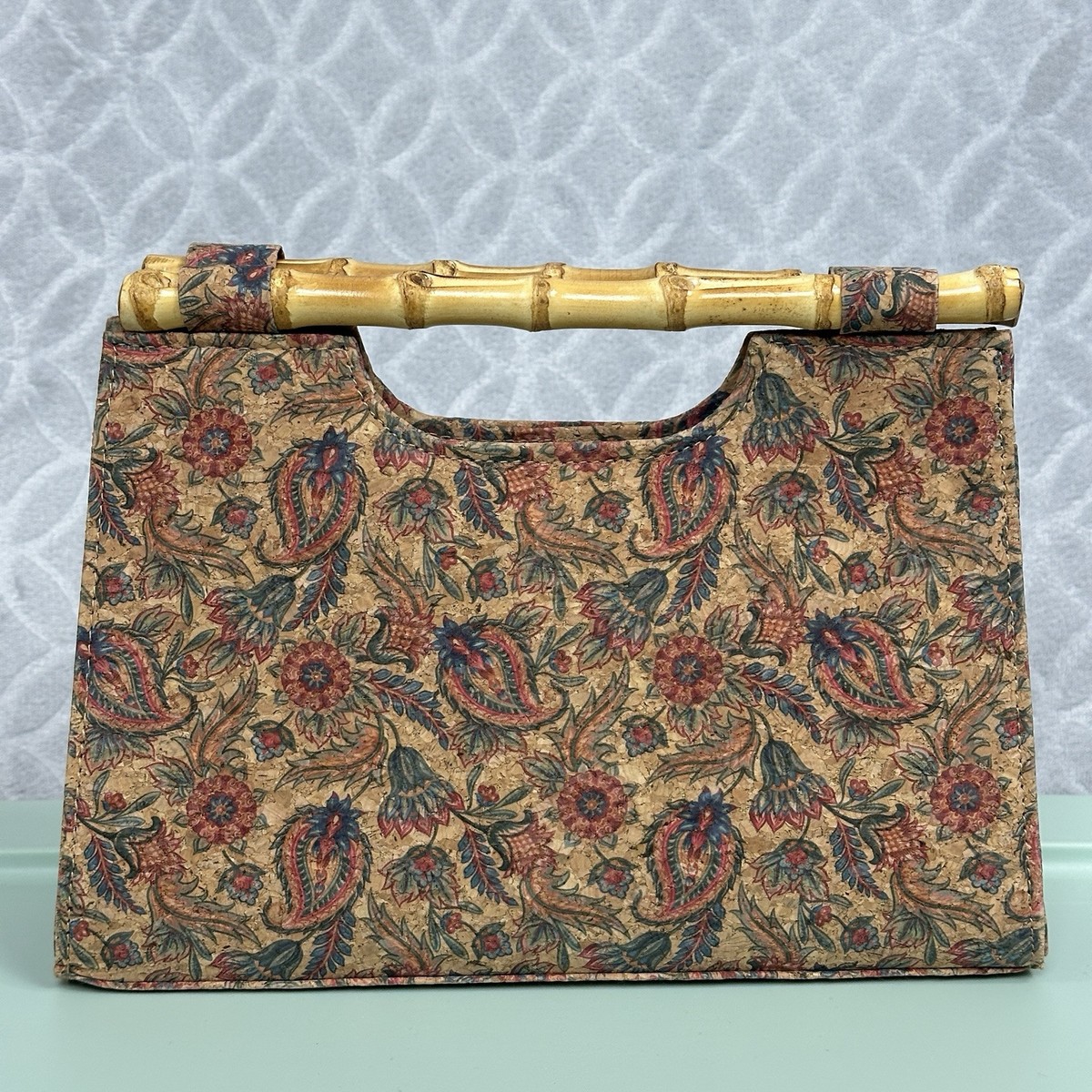 Natural Cork Handbag Bamboo Top Handle Purse Floral Paisley Boho