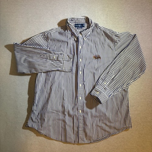 Ralph Lauren Blue and White Striped Button-Down Shirt with Triple Horseman Logo