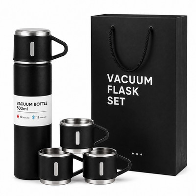 500ml Black Vacuum Flask Gift Set with 3 Cups   Stainless Steel Hot & Cold Therm