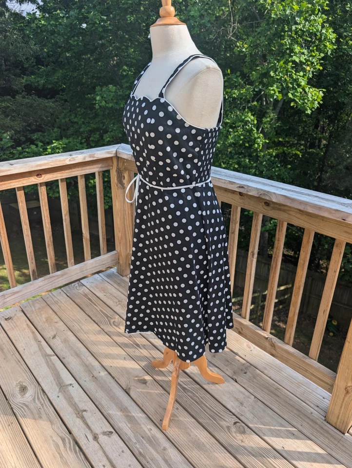 Madison Leigh Polka Dot Dress Black White Retro Pin Up Belted  10 Cotton - Image 4 of 4