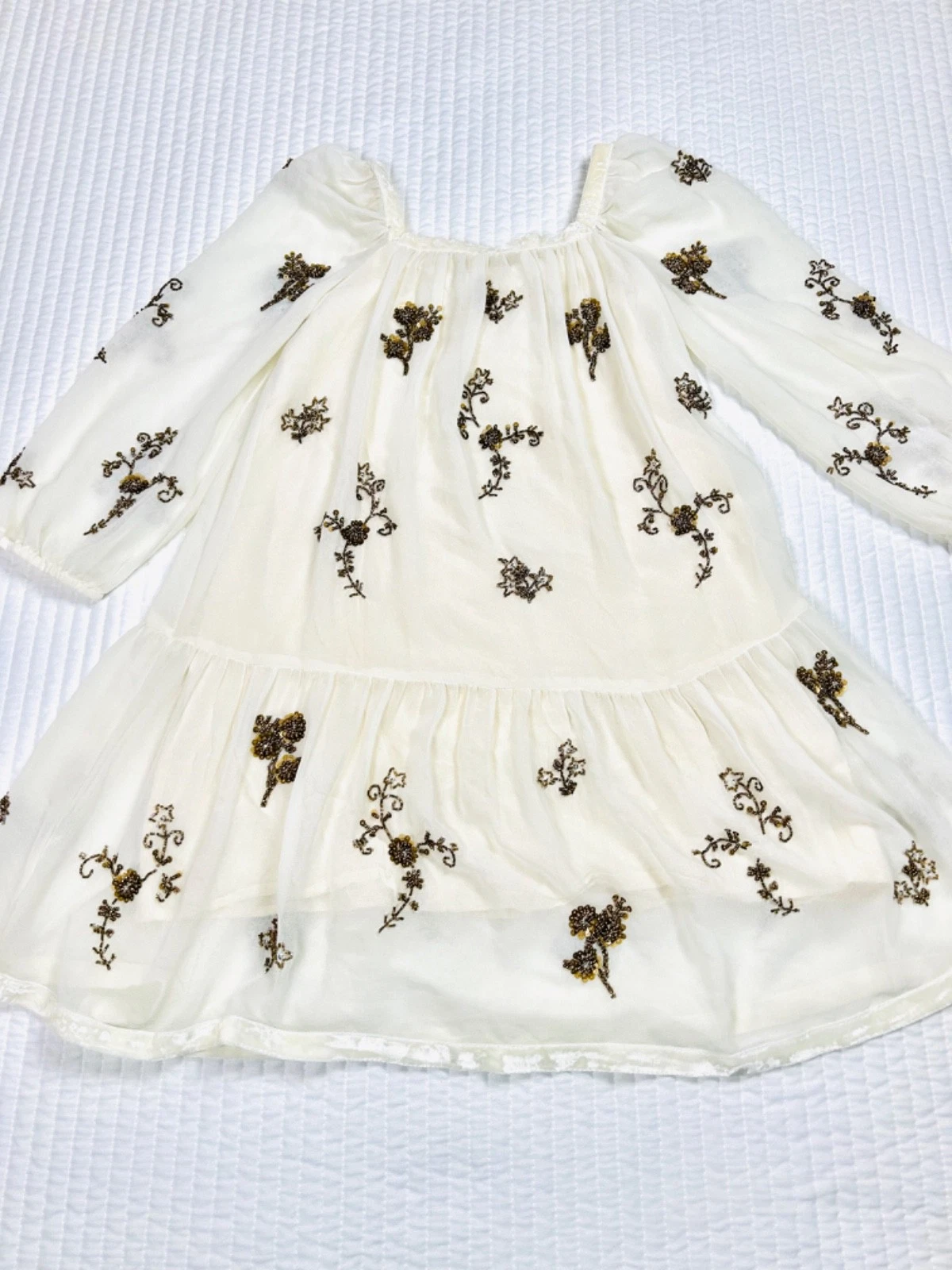 Zara Girl Ivory Tiered Dress Gold Floral Beaded Chiffon Cottagecore Boho SZ 7