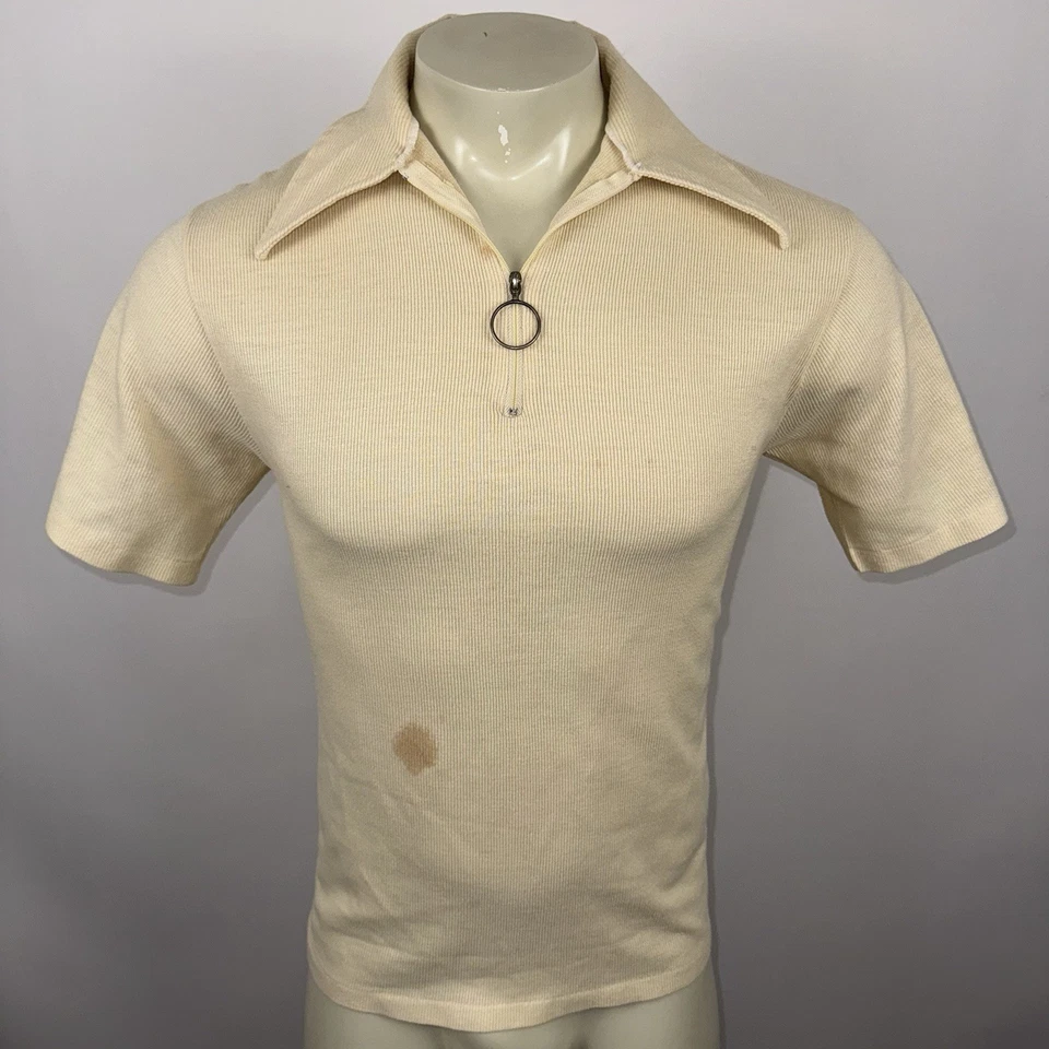 Vtg 60s 70s Zip Shirt Sears Disco Hippy Boho Mod Acrylic Ribbed Knit Mens Large - Image 2 of 4