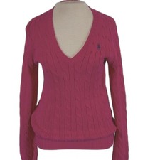 Ralph Lauren fushia pink pony logo cable knit V-neck retro preppy sweater M